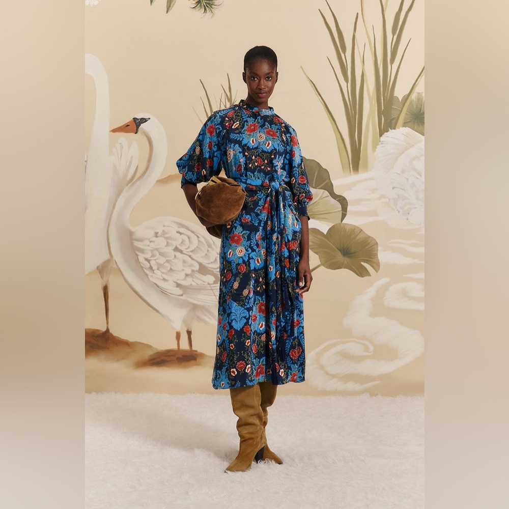 Farm Rio Blue Arabesque Floral Midi Dress